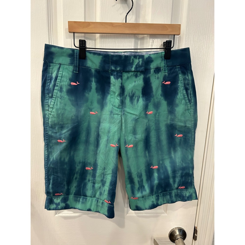 J.Crew Chino Shorts Green Tie Dye Pink Whale Embroidered‎ Preppy Summer Twill 6